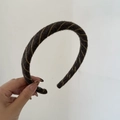 Detailed view of the dark brown striped knit texture on the plush hair hoop accessory - Coffee Yellow Striped 2CM Hairband