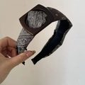 Retro paisley print wide headband for women featuring a large brown square buckle detail - Brown Paisley Buckle Style