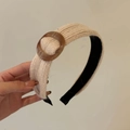 Knitted wide headband in beige with brown resin ring detail and non-slip inner lining - Off White