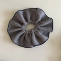 Knitted grey scrunchie with blue scalloped edges for low ponytail hairstyles - Gray