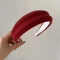Detail of vintage red wool knit headband showing thick textured fabric and non-slip lining - Black Striped Headband