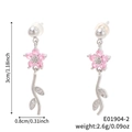 Silver drop earrings with pink five-petal flowers and sparkling crystal leaf details - Pink Flower Silver Style (E01904-2)