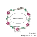 Pulsera plateada con flores de circonita rosa y hojas verdes, longitud de 17 cm - Estilo de Flor Rosa y Hoja Verde en Tono Plateado (B00767-2)