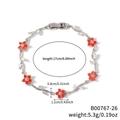 Pulsera de flores plateadas con pétalos rojos y hojas de circón, longitud de 17 cm - Estilo de Flor Roja y Estrás Transparente en Tono Plateado (B00767-26)
