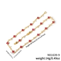 Golden clover necklace with red flower charms and marquise crystals in S-curve pose - Red Gemstone Gold Chain (N01639-9)