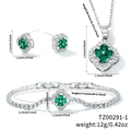 Silver four-leaf clover jewelry set with green heart stones and zircon necklace earrings - Silver Green Zirconia Style (TZ00291-1)