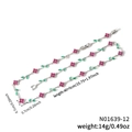 Silver clover necklace with pink flower and green leaf gems on white background - Purple-Green Gemstone Silver Chain (N01639-12)