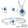 Detailed view of 4-leaf clover jewelry set with blue heart crystals and exact dimensions - Silver Blue Zirconia Style (TZ00291-9)