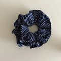Navy blue polka dot scrunchie with bow tie design on neutral flat lay background - 1# Navy Blue White Polka Dot Scrunchie