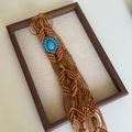 Close-up of bohemian hand-woven waist belt with turquoise stone and wooden beads - 19# (Brown Wax Rope Turquoise Butterfly)