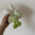 Close-up of green plush frog scrunchie with polka dot and plaid fabric details - 3# Green Frog Flower Scrunchie