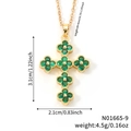 Golden clover cross necklace with green zircon pendant and detailed size measurements - Dark Green Stone Gold Base (N01665-9)