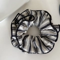 Classic black and white striped oversized scrunchie with elegant black silk edge piping - Black Striped Scrunchie