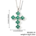 Silberne Kreuzkette mit grünen Kleeblatt-Kristallen und polierter Metalloberfläche - Dunkelgrüner Stein Silberne Basis (N01665-10)
