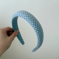 Classic blue and white gingham padded wide headband with premium fabric texture - 3cm / Light Blue Gray Stripe