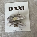 Elegant pair of grey checkered fabric hair clips with suede bows and metal charms - Beige Oval Gold Tag