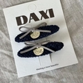 Set of two navy tweed hair clips with grey velvet bows and gold metal charms - Navy Oval Gold Tag