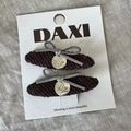 Set of two brown woven fabric BB hair clips with grey bows and gold metal charms - Coffee Oval Gold Tag