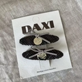 Pair of black plaid tweed BB hair clips with grey velvet bows and gold pendants - Gray Oval Gold Tag