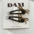 Checkered fabric BB clips with rhinestones and brown ribbon bow in dark green - Green Hair Clip