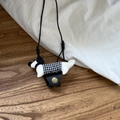 Close-up detail of dog-shaped fabric sunglasses holder with leather loop and snap button - White Dog Style (8#)