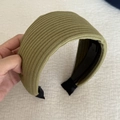 Close-up of olive green ribbed knit fabric texture on a wide padded headband for women - Olive Green Striped Headband