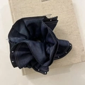 Dark blue denim texture scrunchie with white polka dot edges and cream stitching details - Denim Polka Dot Scrunchie