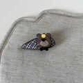 Cute brown resin bear hair clip with blue plaid fabric on soft grey linen background - Blue Plaid Trapezoid Bear