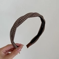 Brown plaid twist headband with non-slip teeth for high-top hair styling fashion - Coffee Yellow Striped Criss-Cross Style
