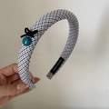 Detalle de diadema de tela a cuadros azules con lazo negro y perla hecha a mano - Diadema con Textura Azul de 2CM Perla Azul (3#)