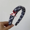 Detail of a padded black and white checkered headband with a red bow and handmade tag - Wide Headband / Black And White Plaid Wide Headband