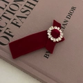 Pince à cheveux noeud en velours rouge foncé avec décoration en strass brillant - Nœud Anneau Strass Velours Rouge