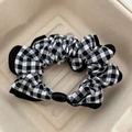 Korean style black and white gingham scrunchie with decorative black oval pearl bead - Black and White Checkered (8# Hair Tie)