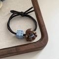 Cute teddy dog resin charm hair tie with polka dot and blue checkered square beads - Puppy Blue Black Square Style