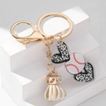 Leopard print heart keychain with baseball charm and cream tassel on gold lobster clasp - White Baseball