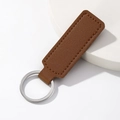 Brown rectangular lychee grain leather keychain with polished silver metal ring - Rectangle / Coffee