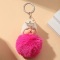 Handmade sleeping baby doll keychain with pink plush pompom and gold crown hat - Rose Red