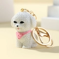 3D cute white Bichon Frise puppy resin keychain with pink scarf and gold metal ring - Teddy Dog