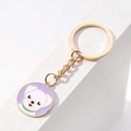 Cute white cartoon puppy metal keychain with purple enamel pendant and golden ring - Bichon Frise