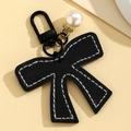 Chic black PU leather bow keychain with white stitching and decorative pearl charm - Black