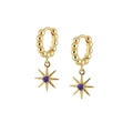 Detail of gold eight-point star earrings with purple zircon and beaded hoop design - Gold Tone Purple Zirconia
