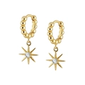 Close-up of gold eight-pointed star earrings with sparkling zircon and radial carvings - White Zirconia (Gold Tone)