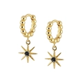 Detailed view of gold starburst hoop earrings with black zircon stones in the center - Gold Tone Black Zirconia