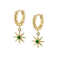 Detail of gold starburst earrings with central emerald green cubic zirconia stones - Green Zirconia