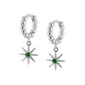 Silver star drop hoop earrings with green zircon center on minimalist beaded huggies - Green Zirconia (Platinum Plated)