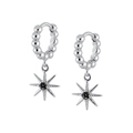 Silver star drop huggie earrings with vintage starburst charm and dark zircon stones - Black Zirconia (Platinum Plated)