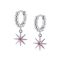 Silver starburst hoop earrings featuring a vibrant pink zircon stone for a trendy look - Pink Cubic Zirconia (Silver-Plated)