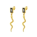 Macro detail of gold snake earrings with black zircon and S925 sterling silver stamp - Black