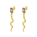 Macro detail of S925 sterling silver stamp on golden snake earrings with purple stones - Purple