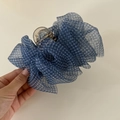 Large blue checkered seersucker hair claw clip with pleated organza bow design - Blue Gingham Mesh Claw Clip